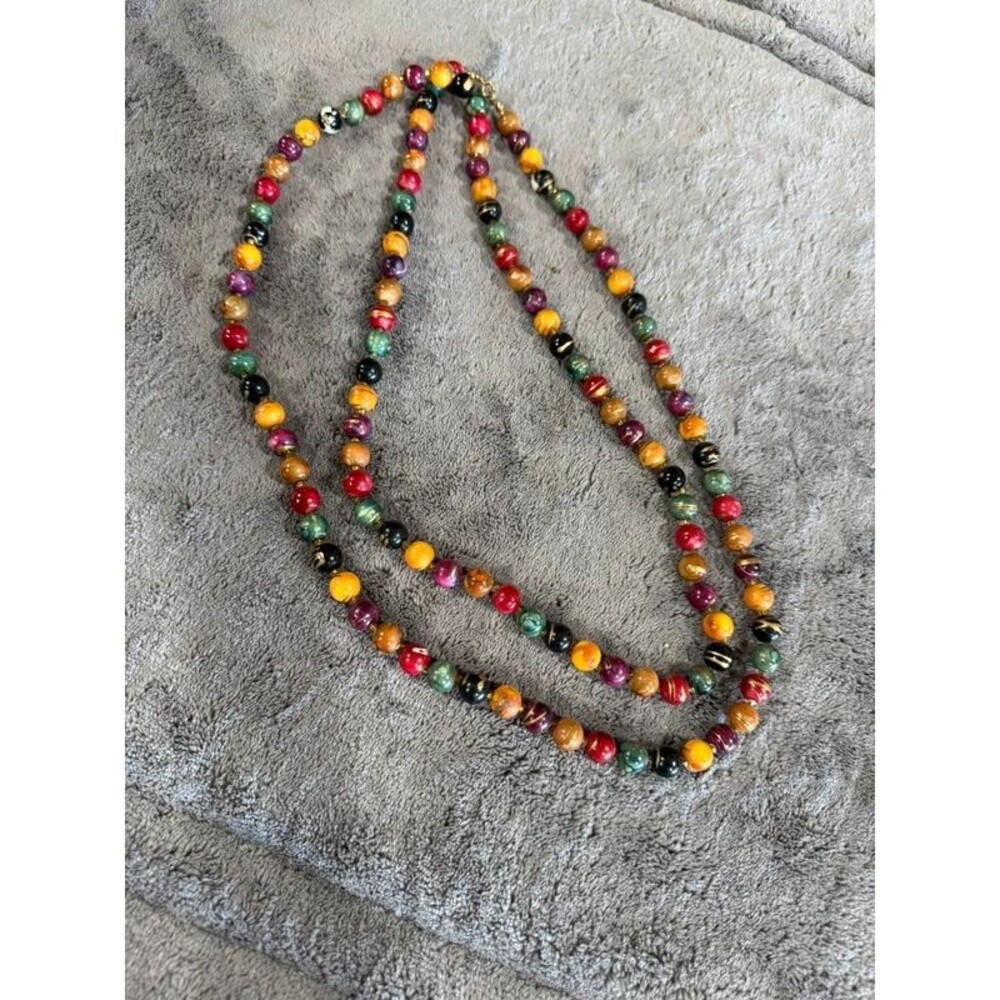 Vintage Multicolor Swirl Bead Long Strand Necklace